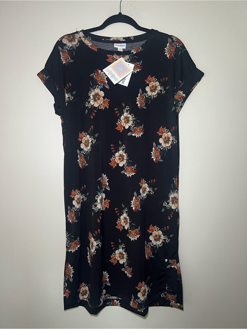 LuLaRoe Chelsea Black Floral Dress with Rust and Cream Accents